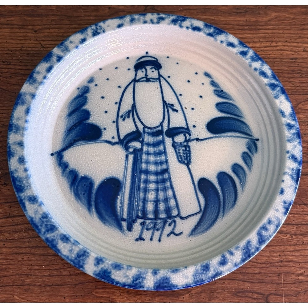 Salt Glazed Ceramic Pottery Eldreth Pottery 1992 Signed Santa Claus Plate Blue